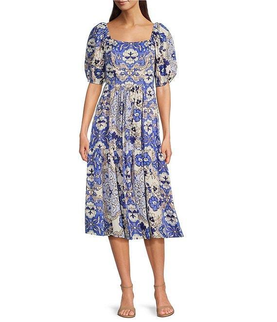 Vince Camuto Floral Print Square Neck Short Puff Sleeve A-Line Midi Dress Product Image
