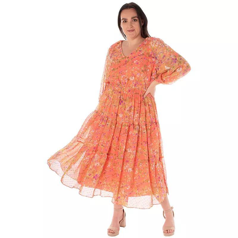 Plus Size Bleecker 126 Boho Floral Smocked Waist Midi Dress, Womens Orange Product Image