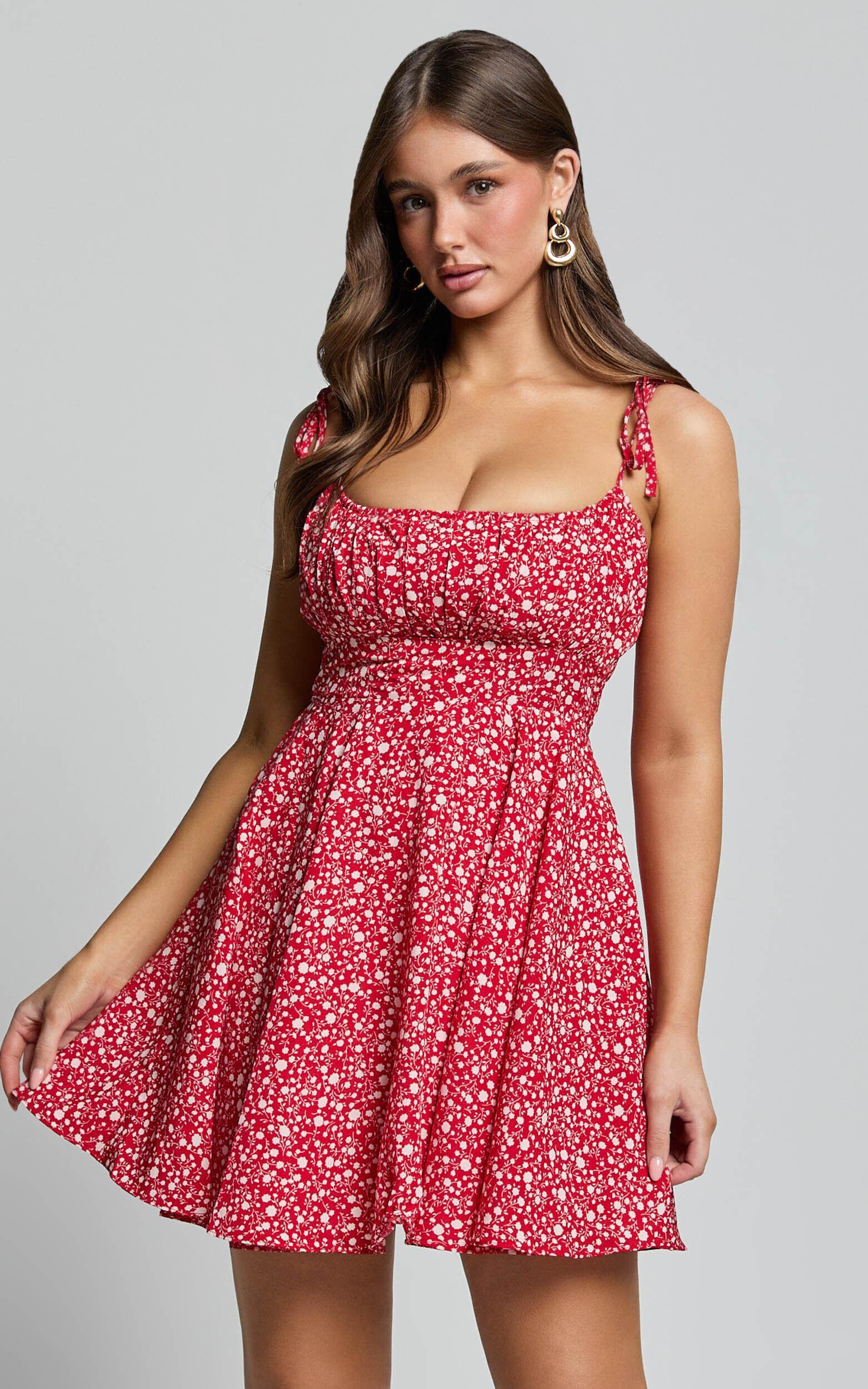 Summer Jam Mini Dress - Strappy Slip Dress in Red Floral Print Product Image