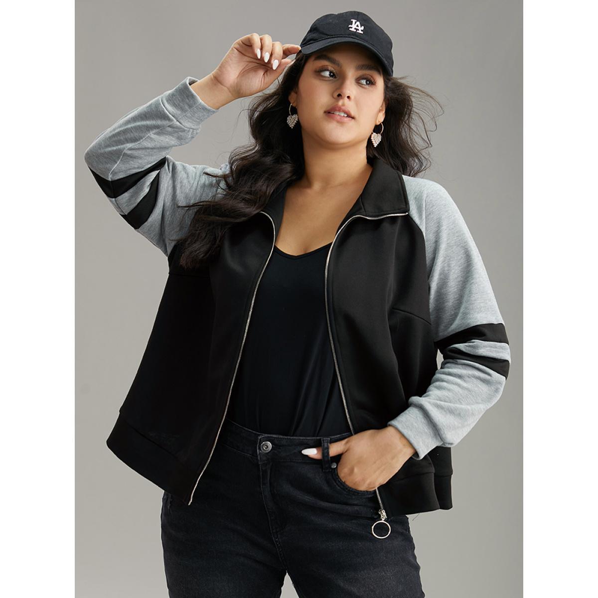Plus Size Contrast Contrast Trim O Ring Zipper Jacket Women Black Contrast Everyday Jackets BloomChic 22-24/3X Product Image