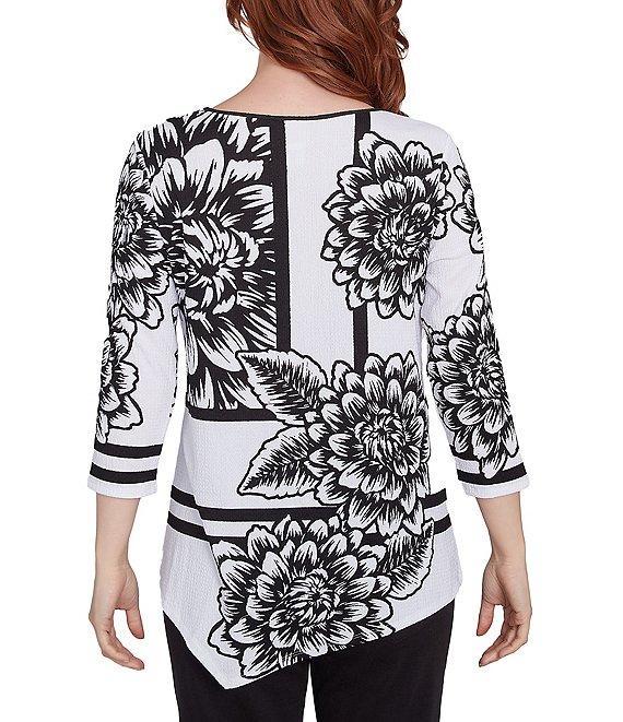 Ruby Rd. Floral Stripe Embellished Scoop Neck 3/4 Sleeve Asymmetrical Hem Top Product Image