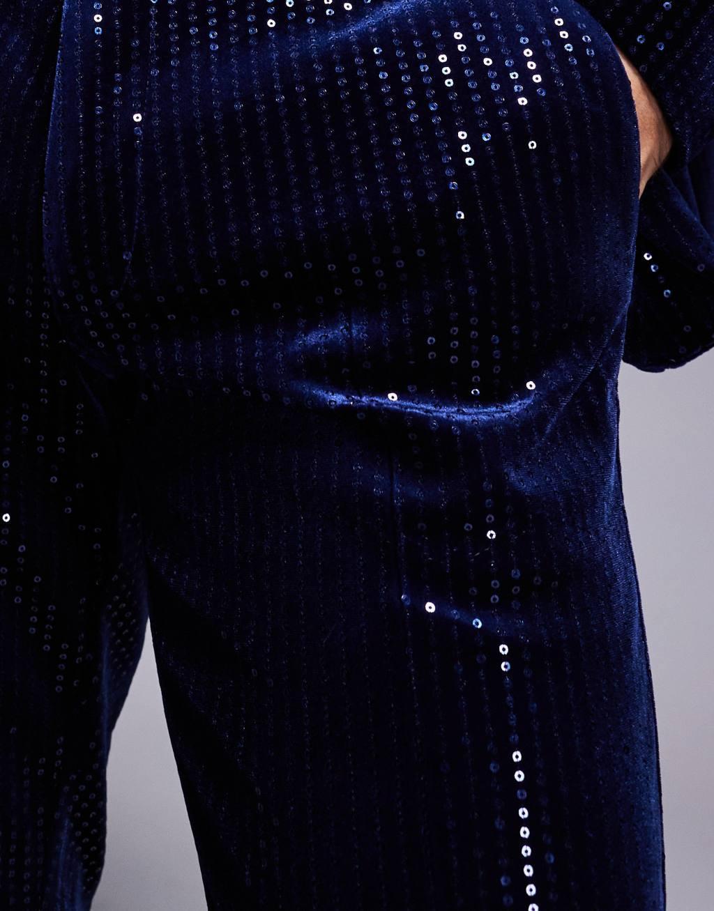  ASOS DESIGN skinny suit pants in velvet sequin in navy Product Image