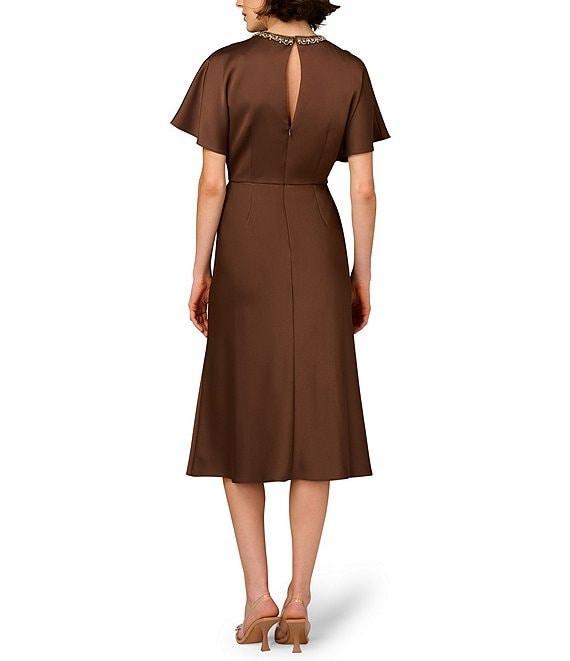 Aidan Mattox Crepe Back Satin Beaded Crew Neck Dolman Sleeves Sheath Midi Dress Product Image