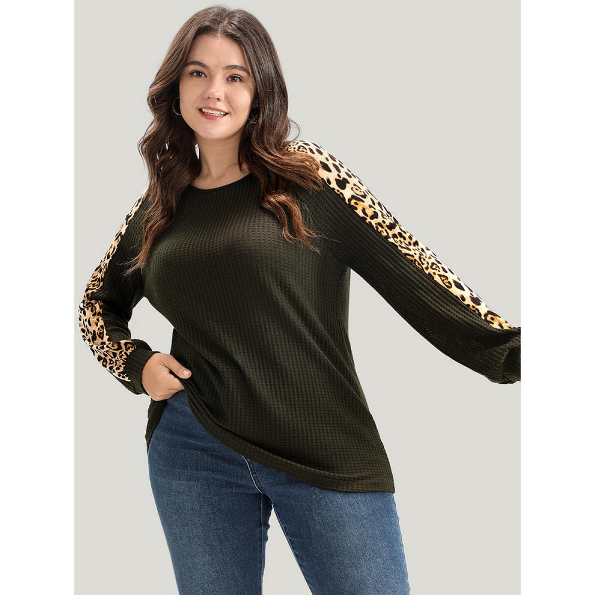 Plus Size Leopard Patchwork Raglan Sleeve Waffle Knit Sweatshirt Women ArmyGreen Casual Patchwork Round Neck Dailywear Sweatshirts BloomChic 22-24/3X Product Image