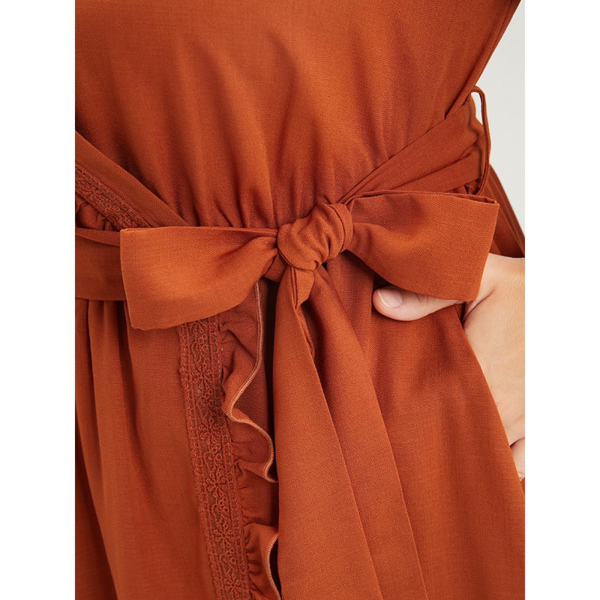 Plus Size Solid Lantern Sleeve Pocket Frill Trim Wrap Belted Dress Rust Women Elegant Plain V-neck Long Sleeve Curvy Long Dress BloomChic 28/5X Product Image