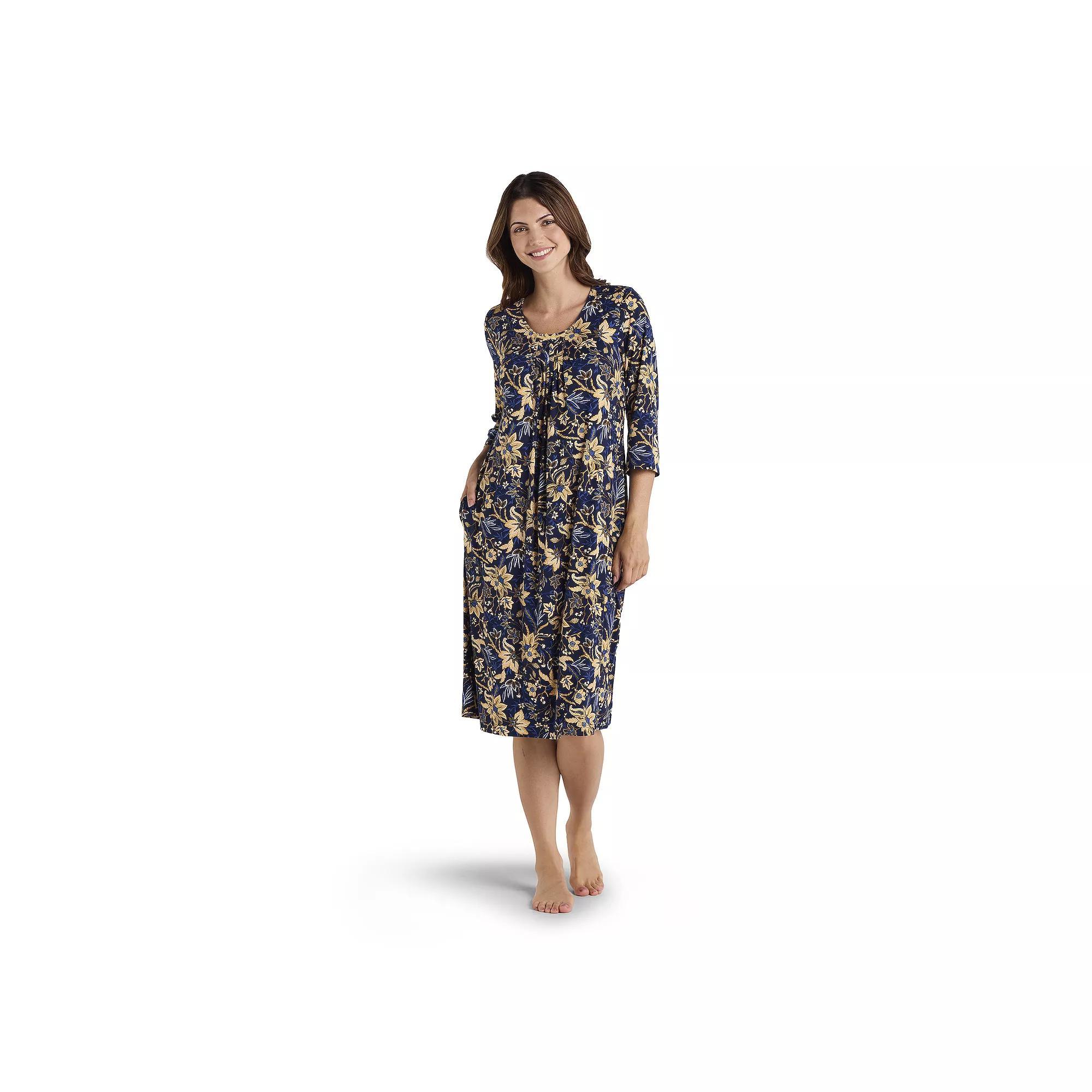Women's Miss Elaine Essentials 3/4 Sleeve Micro Velvet Long Gown, Size: Small, Navy Gold Floral Product Image