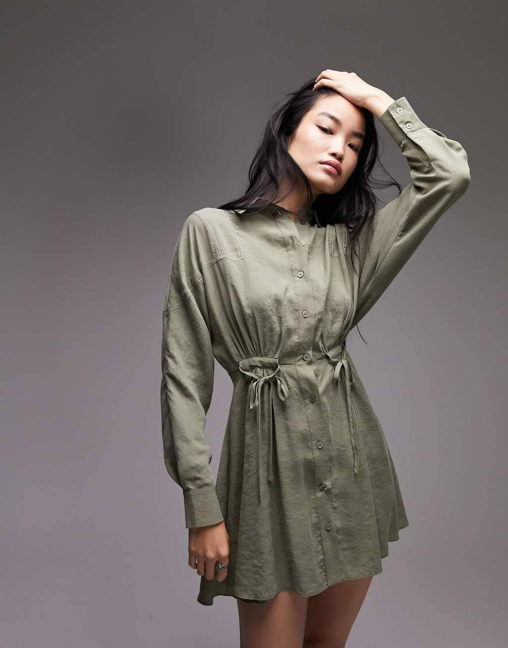 Topshop contrast stitch tie side shirt dress Product Image