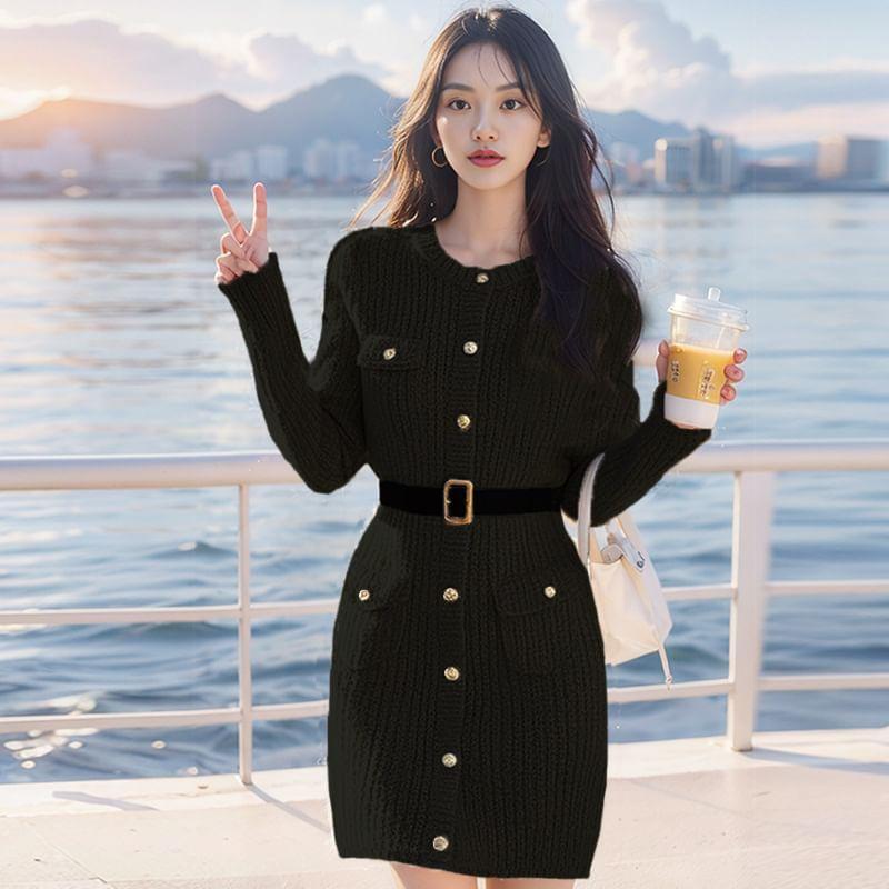 Long Sleeve Round Neck Plain Button Down Cable Knit Mini Sweater Dress Product Image