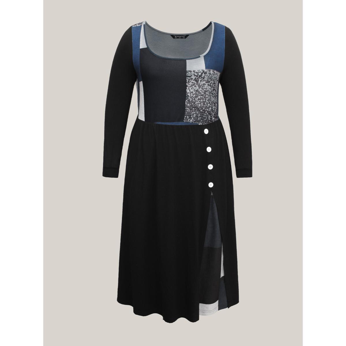 Plus Size Geometric Color-Block Stretchy Waist Midi Dress Black Women Casual Contrast Knit Dresses Bloomchic 14-16/1X Product Image