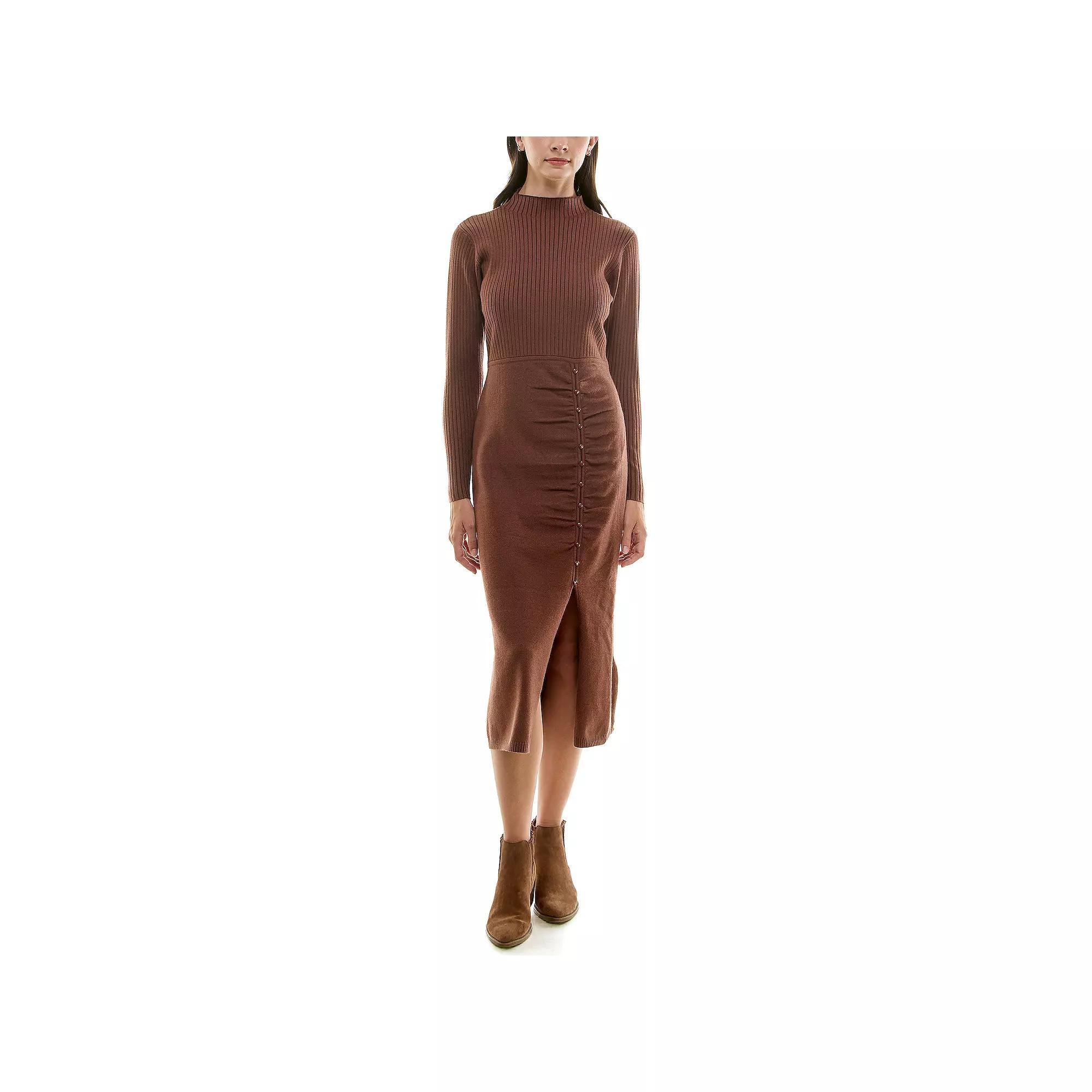 Womens Nicole Miller Mockneck Midi Sweater Dress Brown Product Image