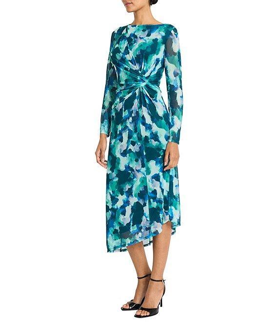 Maggy London Printed Power Mesh Boat Neck Illusion Long Sleeve Side Ruched Asymmetrical Drape Sheath Dress Product Image
