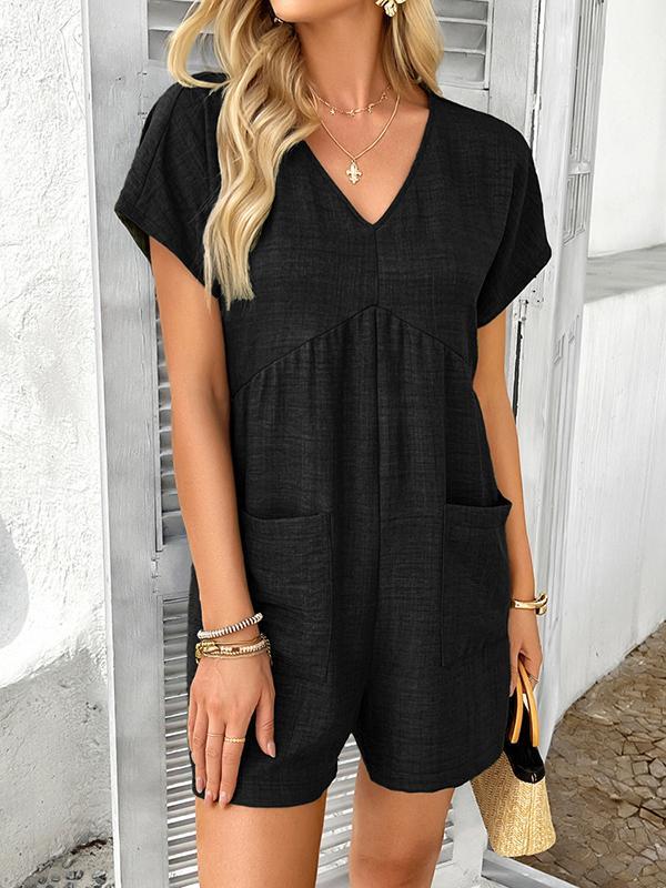 High Waisted Loose Backless Pockets Solid Color V-Neck Rompers Product Image