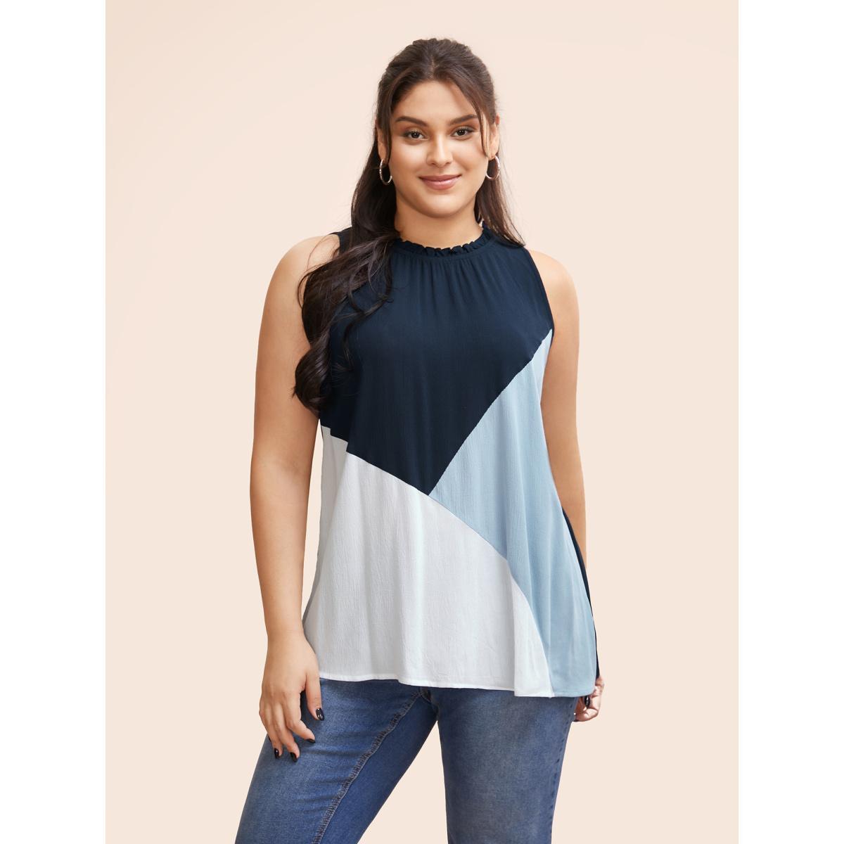 Plus Size Colorblock Contrast Frill Trim Gathered Tank Top Women DarkBlue Casual Contrast Mock Neck Everyday Tank Tops Camis BloomChic 14-16/1X Product Image
