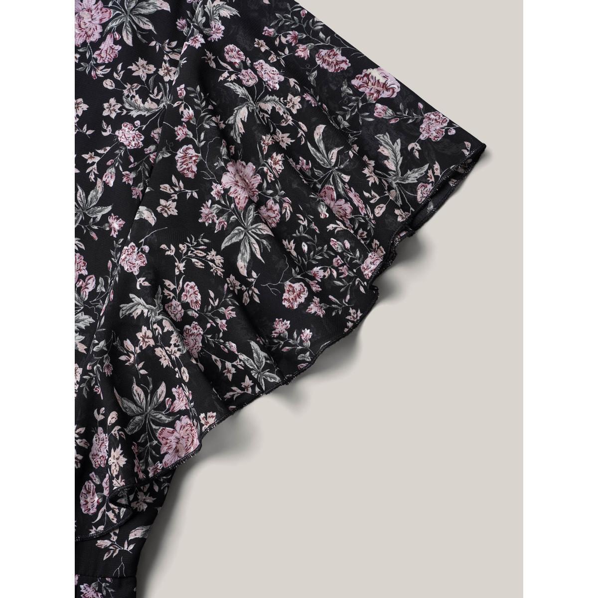 Plus Size Chiffon Floral Print Ruffled Midi Dress BlackFlower Women Elegant Ruffles Round Neck Short sleeve Curvy BloomChic 14-16/1X Product Image