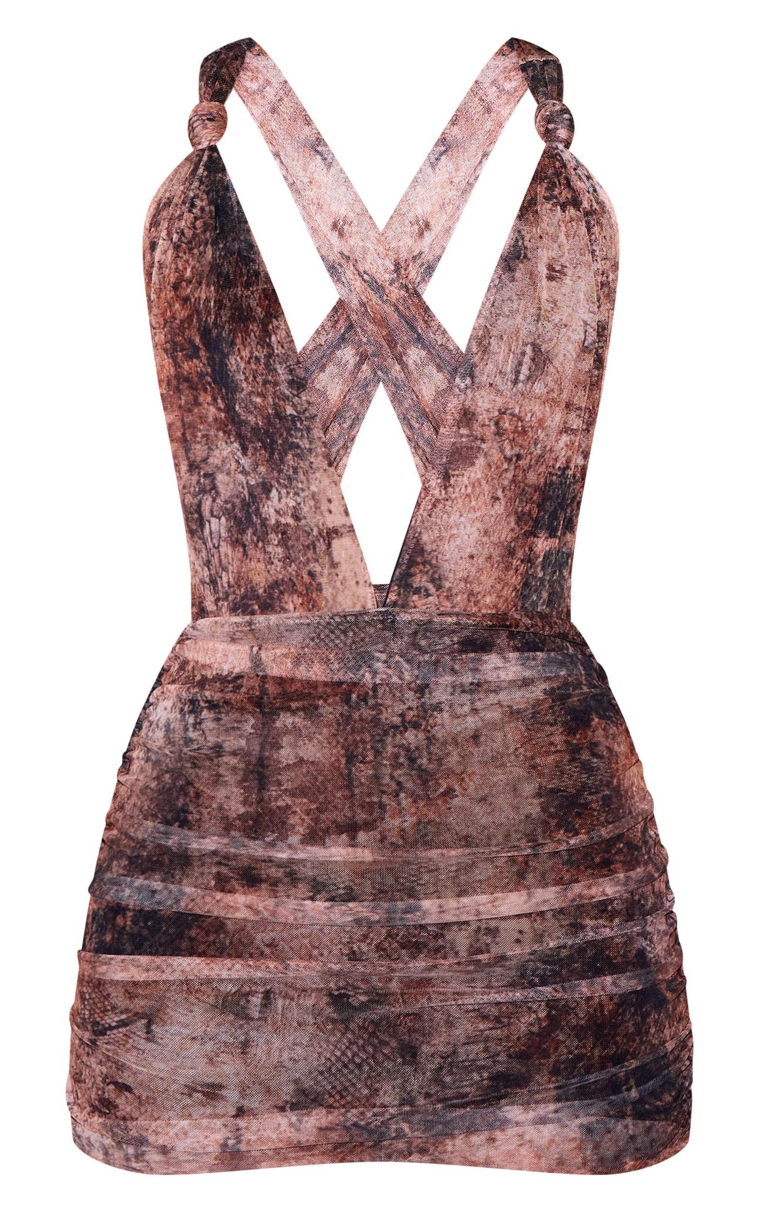 Brown Muted Snake Printed Mesh Ruched Dress Product Image