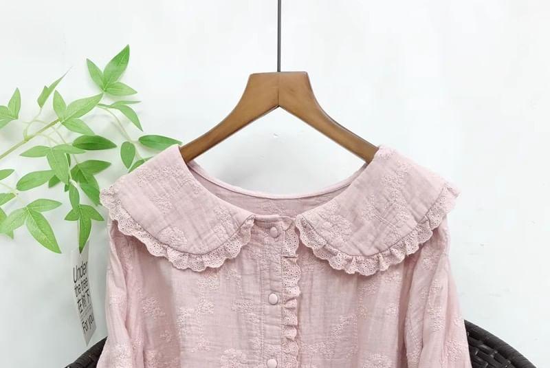 Frill Trim Collar Button-Up Plain Cardigan Product Image