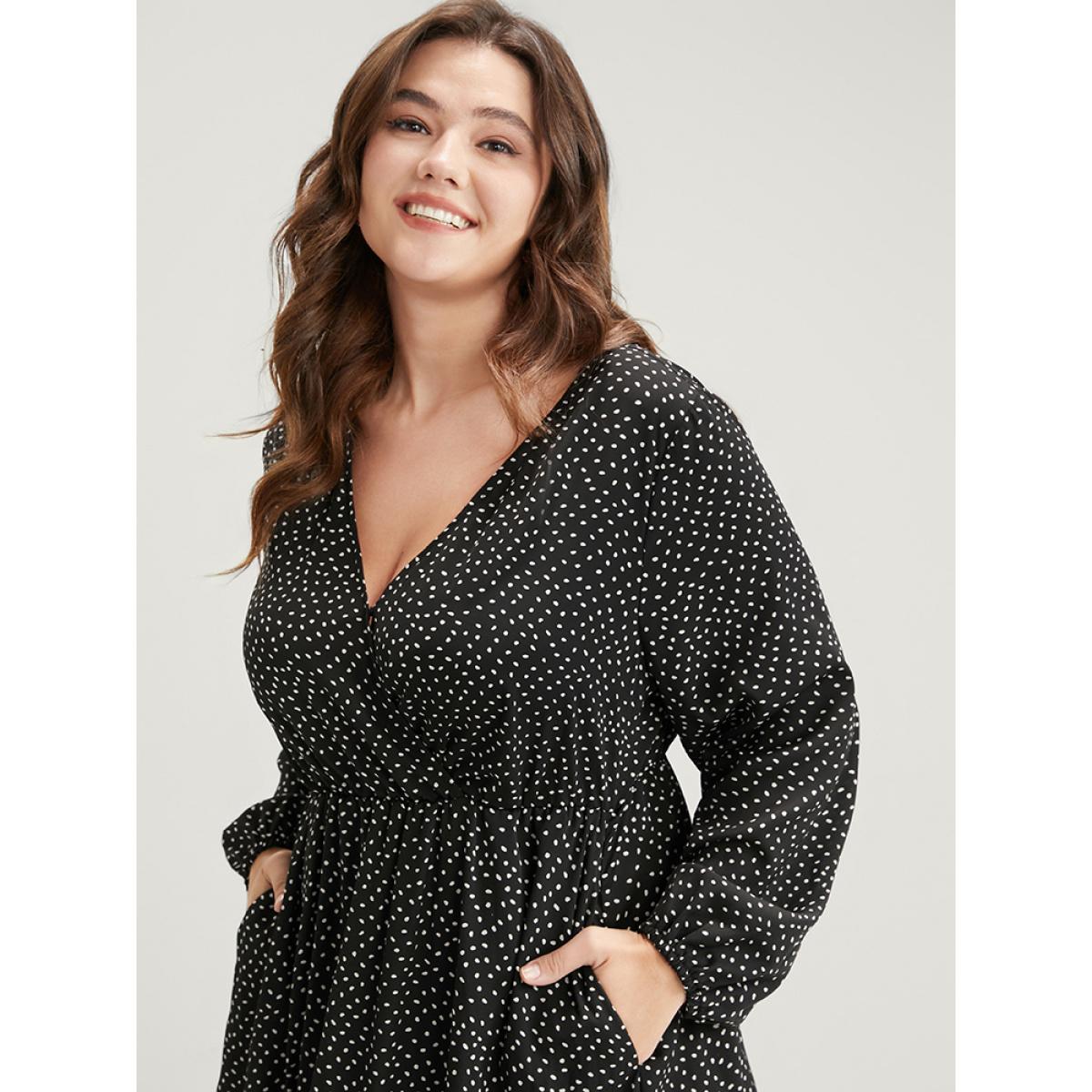 Plus Size Polka Dot Pocket Wrap Ruffles Tiered Dress Without Belt Black Women Elegant Elastic Waist V-neck Long Sleeve Curvy Long Dress BloomChic 18-20/2X Product Image