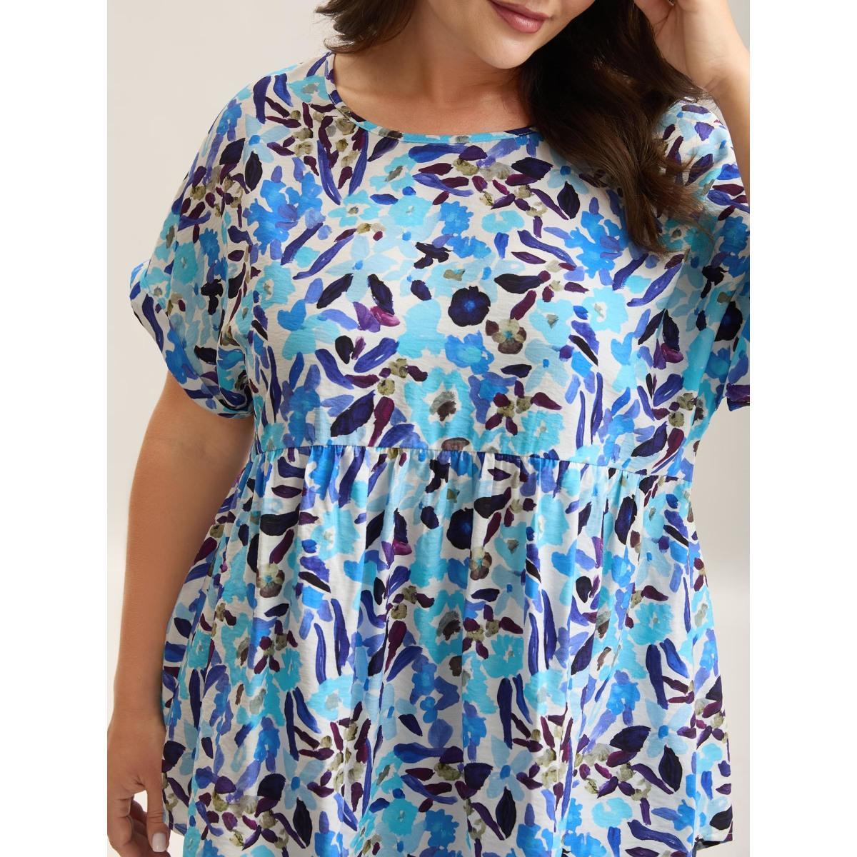 Plus Size LightBlue Fruit Print Curved Hem Batwing Sleeve Blouse Women Casual Cap Sleeve Round Neck Everyday Blouses BloomChic 22-24/3X Product Image
