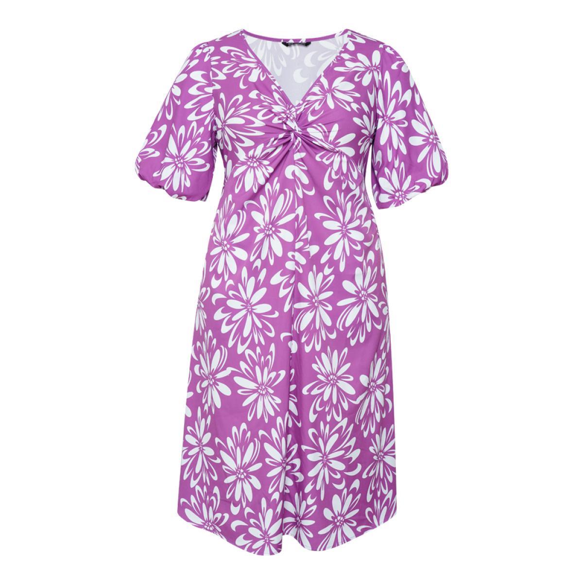 Plus Size Floral Print Puff Sleeve Pocket Twist Front Dress Lilac Women Elegant V-neck Short sleeve Curvy Midi Dress BloomChic 14-16/1X Product Image