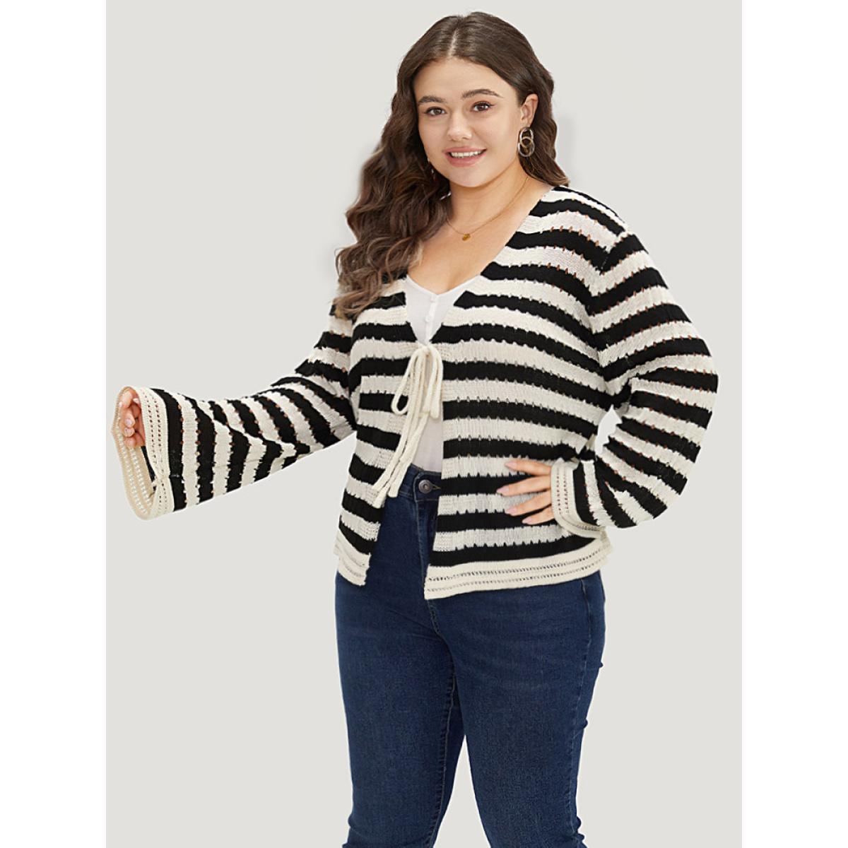 Plus Size Striped Ties Front Eyelet Lace Cardigan Black Women Casual Loose Long Sleeve Dailywear Cardigans BloomChic 12/L Product Image