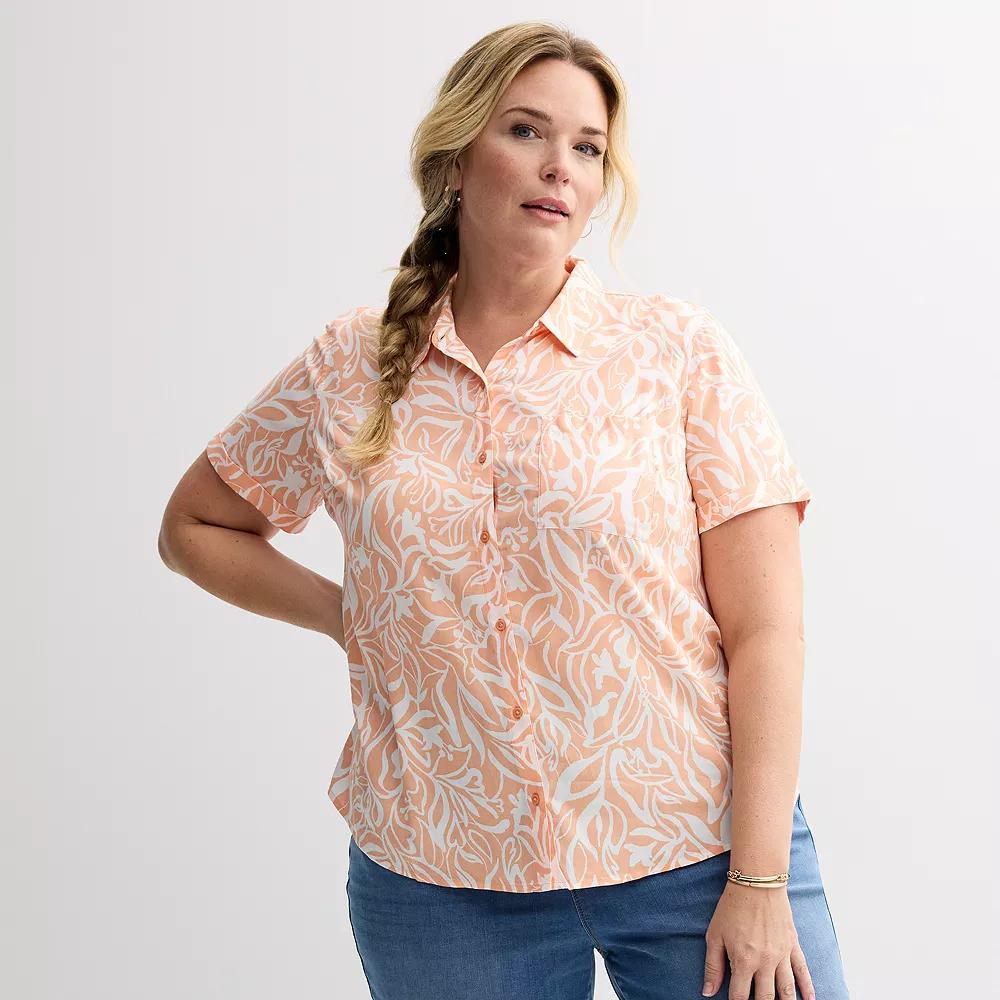 Plus Size Croft & Barrow® Camp Shirt, Women's, Size: 0X, Orange Painted Blooms Product Image