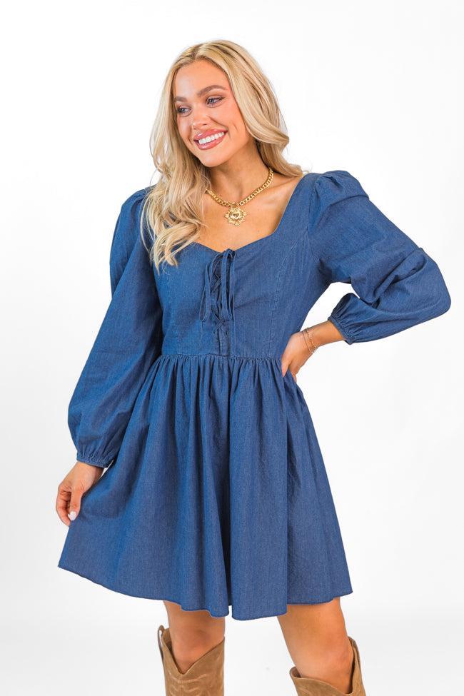 Up To Me Medium Wash Lace Up Detail Chambray Dress  SALE Product Image
