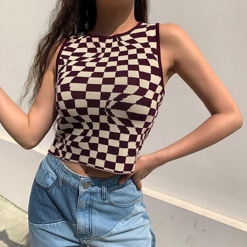 Crew-Neck Psychedelic Check Print Knit Crop Tank Top Product Image