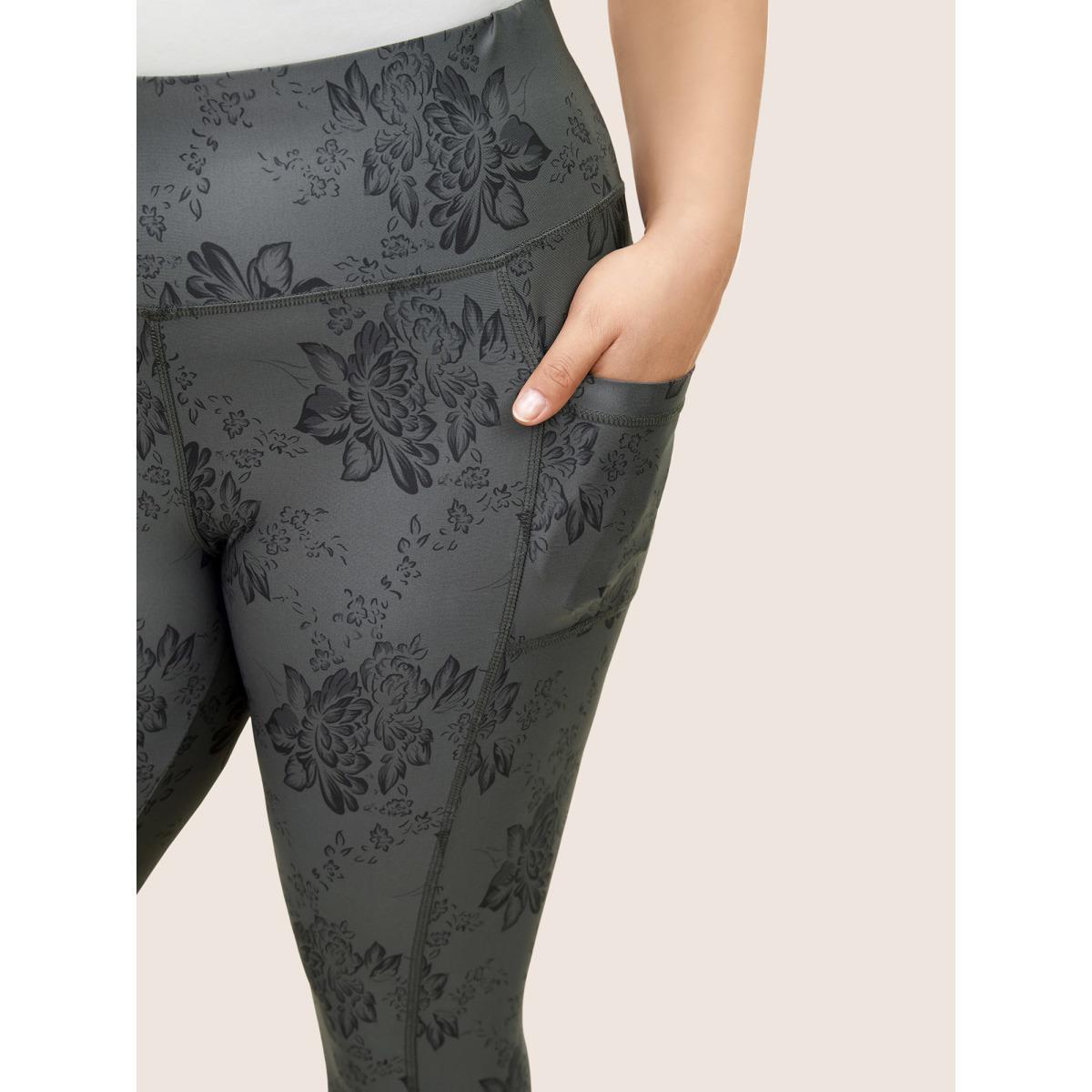 Plus Size Floral Print Elastic Waist Pocket Side Leggings Women DimGray Elegant High stretch High Rise Everyday Leggings BloomChic 22-24/3X Product Image
