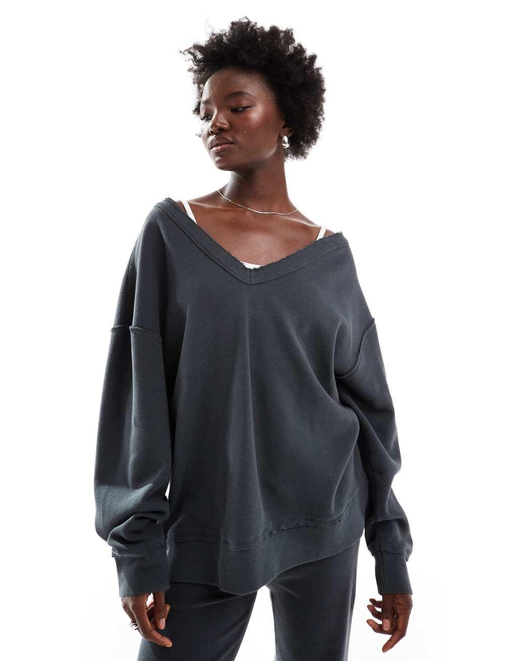 ASOS DESIGN waffle oversized off-shoulder V-neck sweatshirt in washed charcoal - part of a set Product Image
