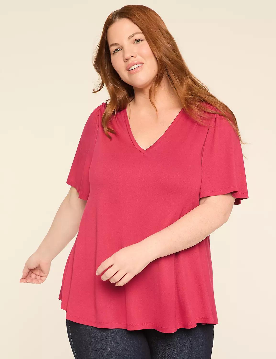 Elbow-Sleeve Shirred-Shoulder Top Product Image