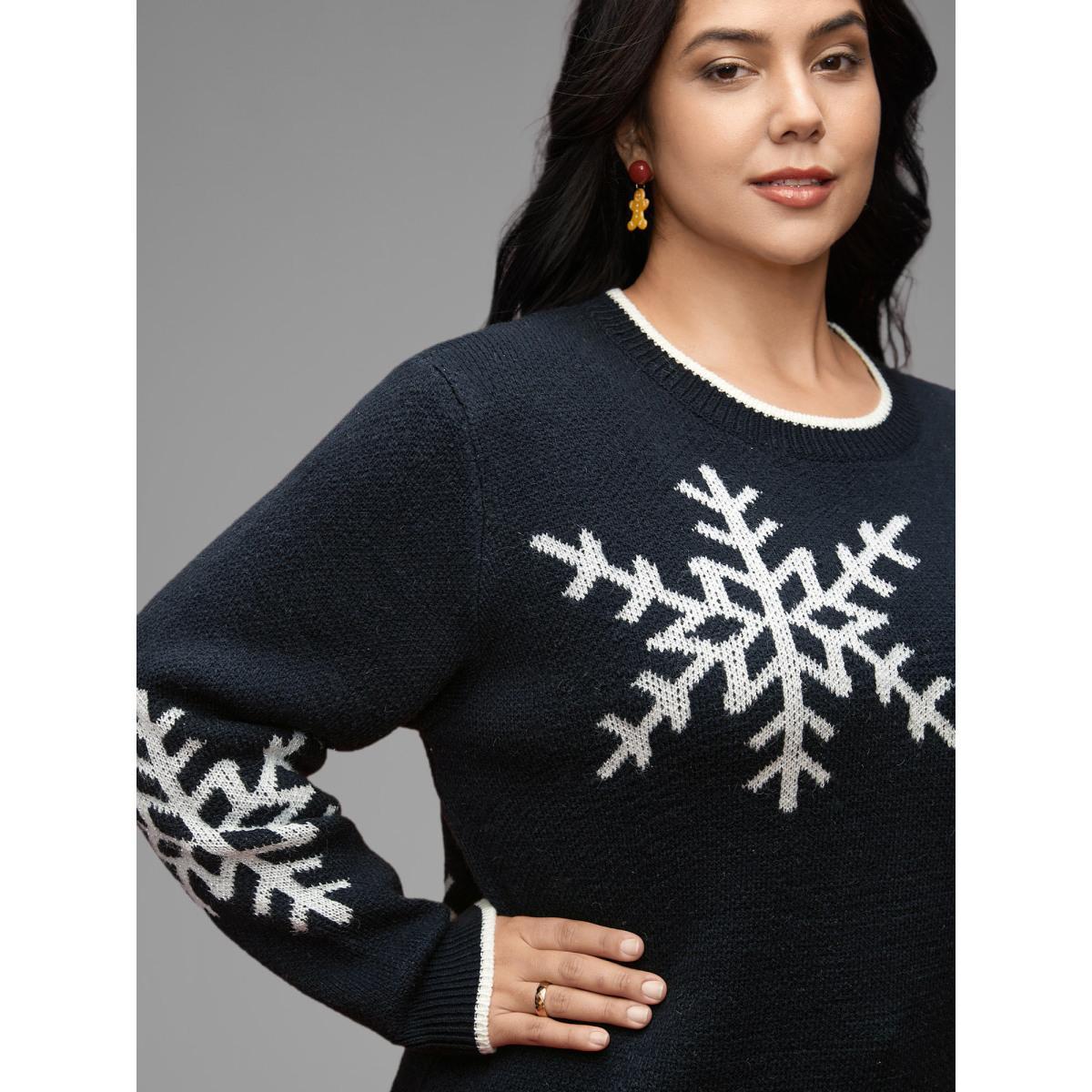 Plus Size Snowflakes Pattern Contrasting Hem Pullover Indigo Women Casual Loose Long Sleeve Round Neck Everyday Pullovers BloomChic 22-24/3X Product Image