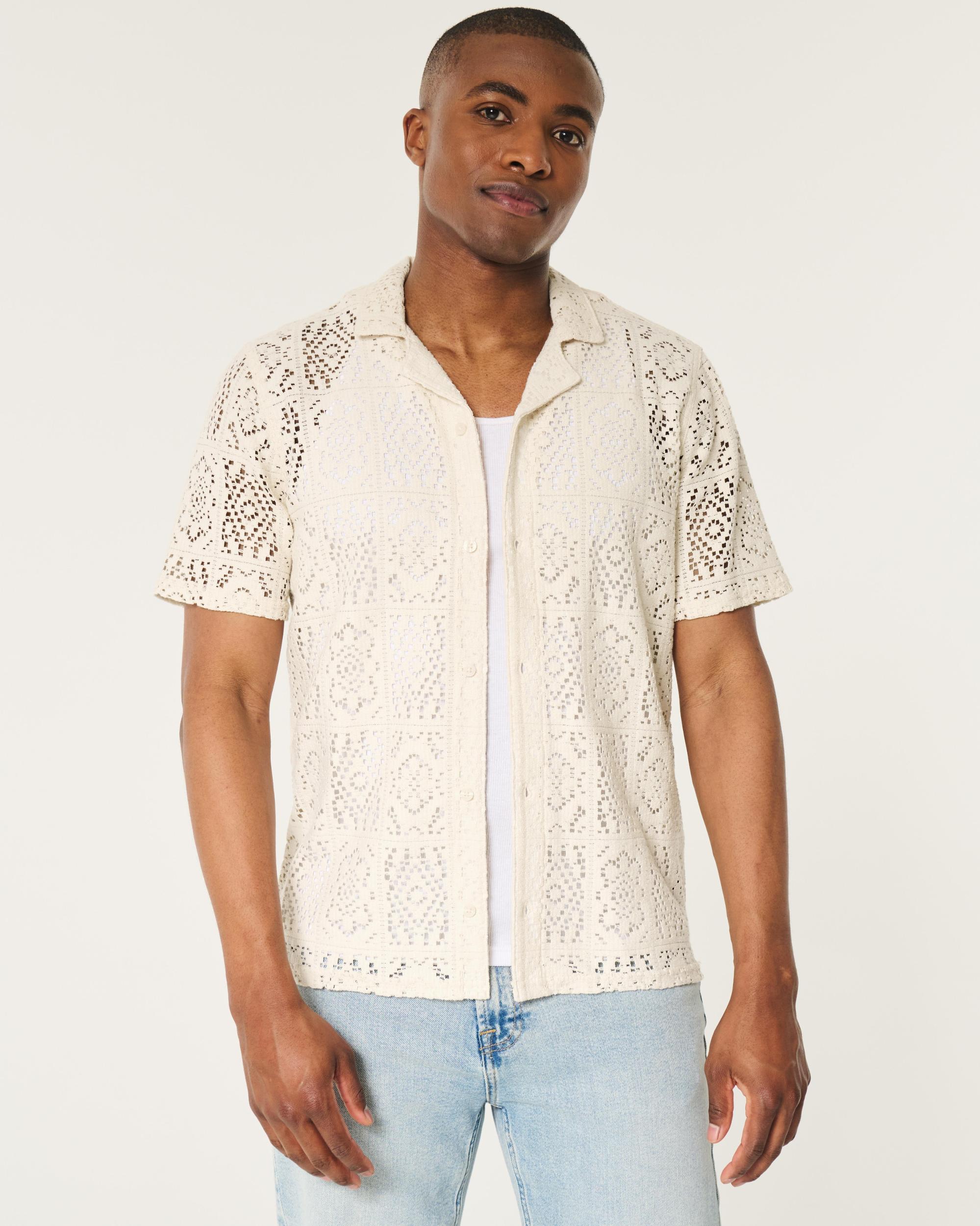 Short-Sleeve Crochet-Style Shirt Product Image