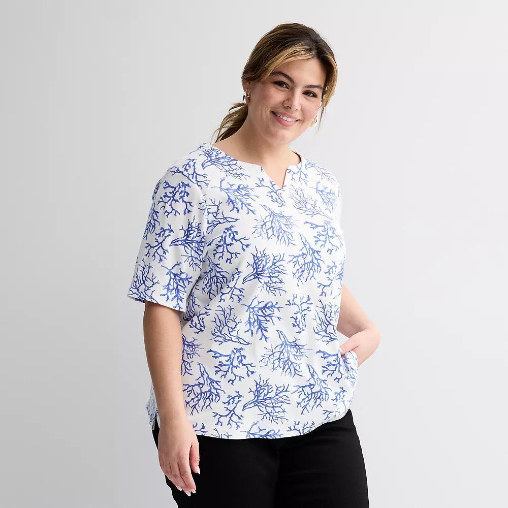 Plus Size Croft & Barrow® Elbow Sleeve Split Neck Top, Women's, Size: 1XL, Blue  Pink Product Image