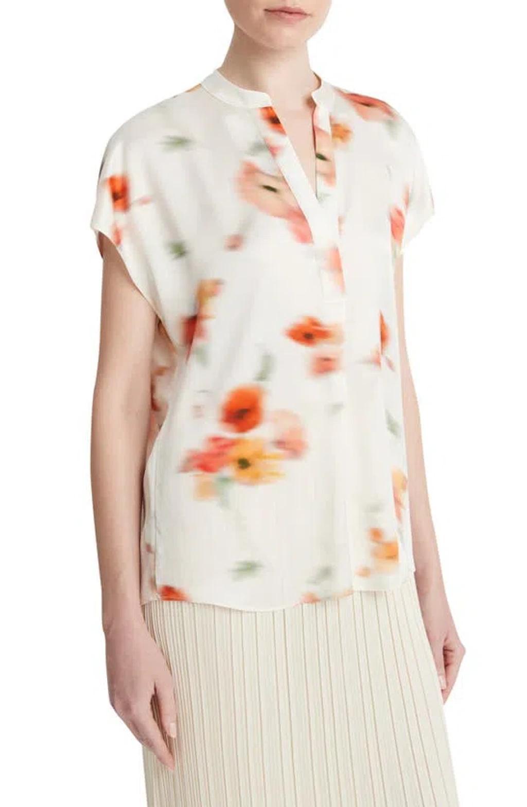 Printed Split Neck Silk Top In Cream Dusk Product Image