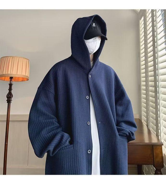 Plain Hooded Ribbed Button Jacket Product Image