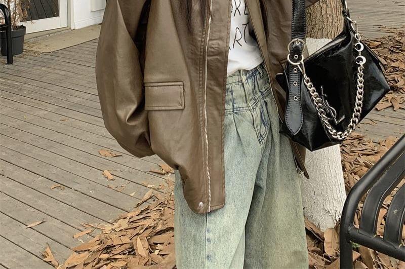 Long Sleeve Plain Faux Leather Loose-Fit Jacket Product Image