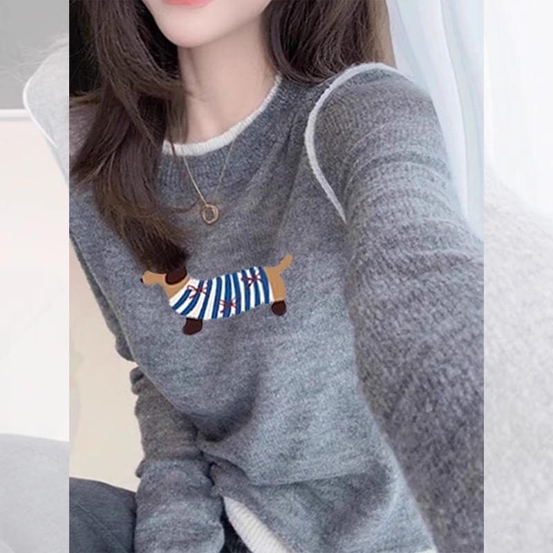 Long-Sleeve Round Neck Dog Print Contrast Trim Knit Top Product Image