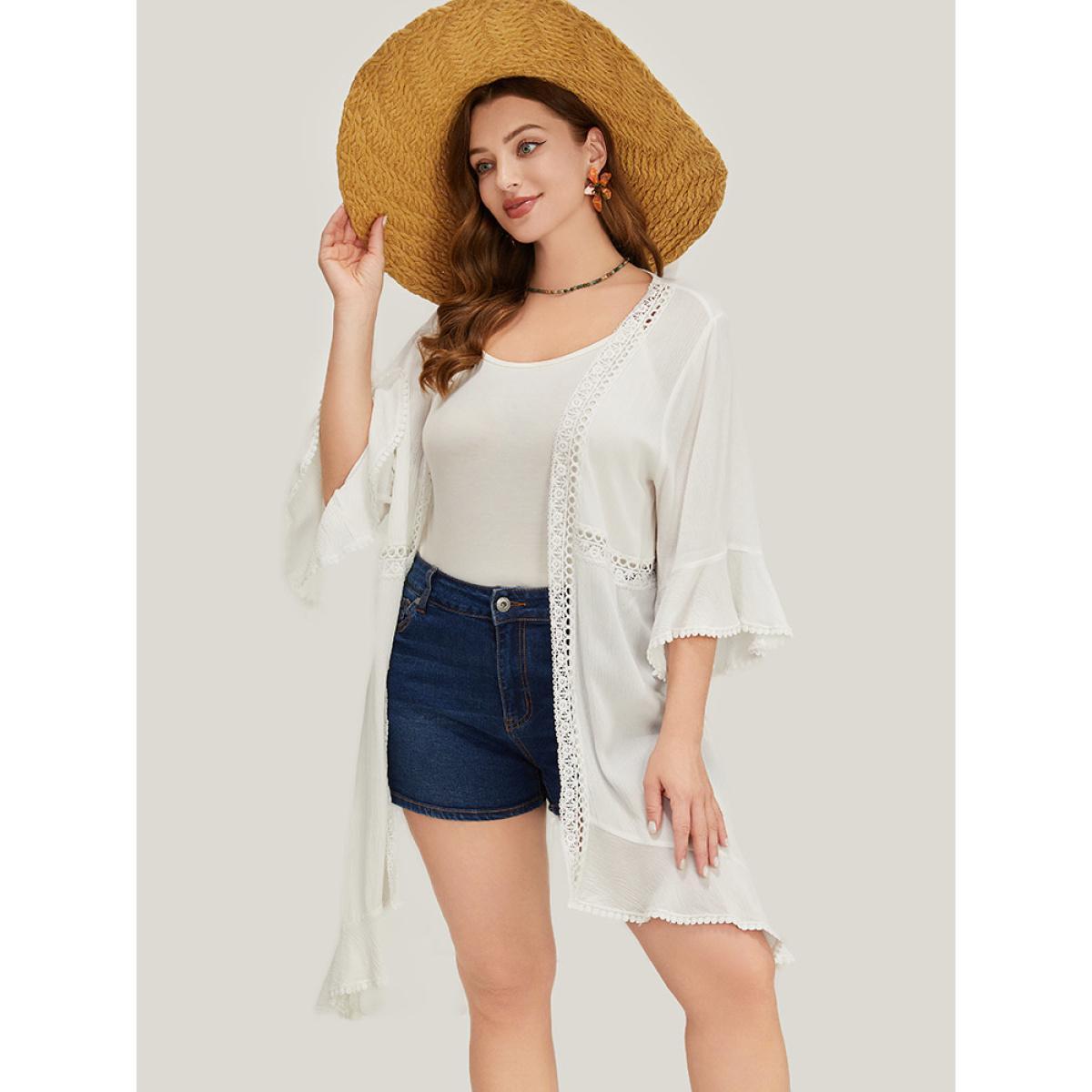 Plus Size Plain Ruffle Sleeve Open Front Eyelet Lace Kimono Women White Vacation Loose Dailywear Kimonos BloomChic 14-16/1X Product Image
