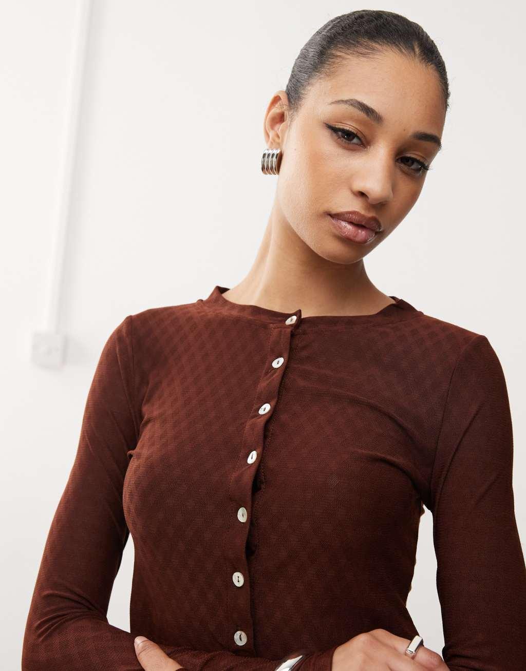 Motel kahula button up argyle cardigan top in brown Product Image
