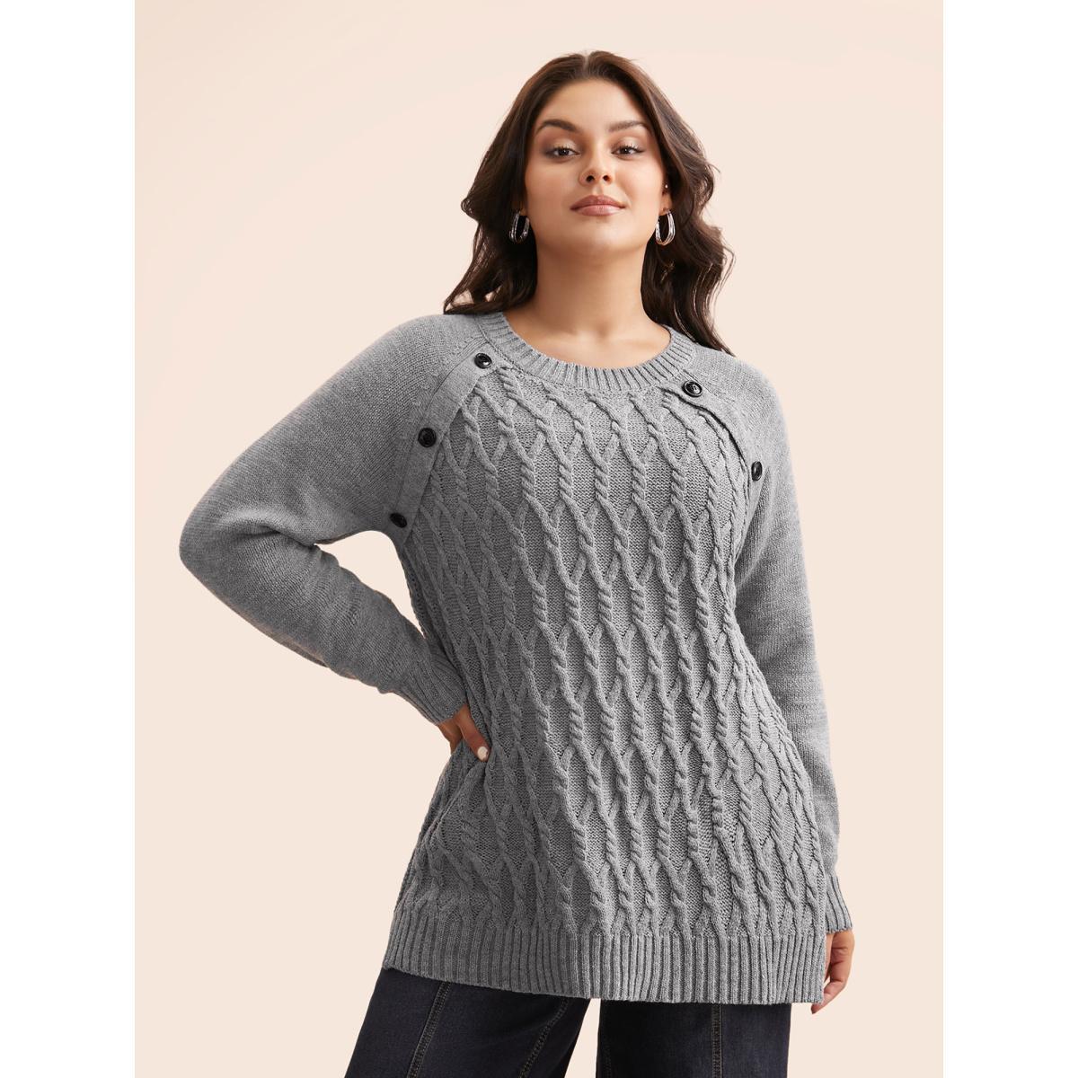 Plus Size Texture Cable Knit Button Detail Pullover Mediumgray Women Casual Loose Long Sleeve Round Neck Everyday Pullovers BloomChic 26/4X Product Image