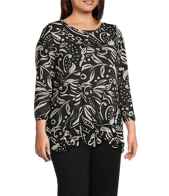 Slim Factor by Investments Plus Size Paisley Print Crew Neck Long Sleeve Ruffled Hem Lined Top Product Image