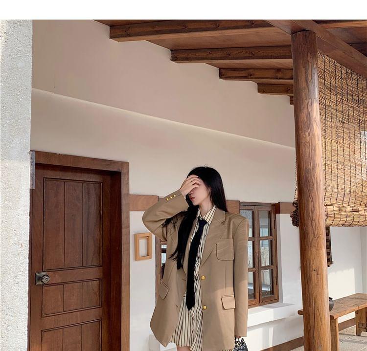 Lapel Collar Plain Single Breasted Blazer / Long-Sleeve Collared Neck Tie Striped Mini Shirt Dress Product Image