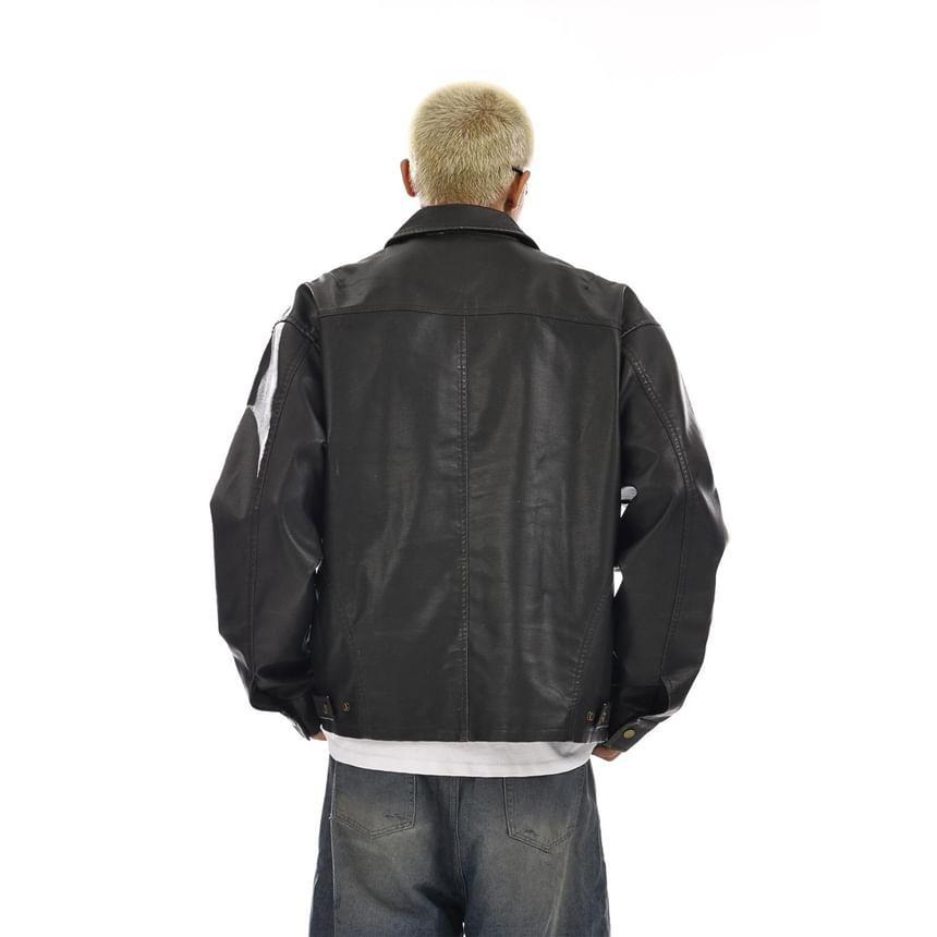 Collared Plain Faux Leather Zip Jacket Product Image