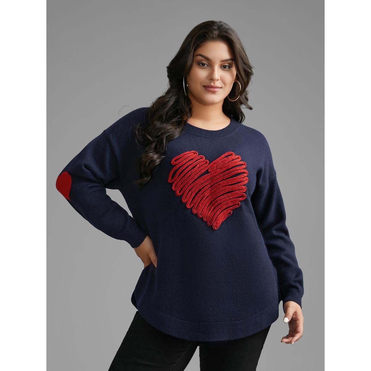 Plus Size Supersoft Heart Pattern Cardigan Indigo Women Casual Loose Long Sleeve Round Neck Everyday Pullovers BloomChic 12/L Product Image