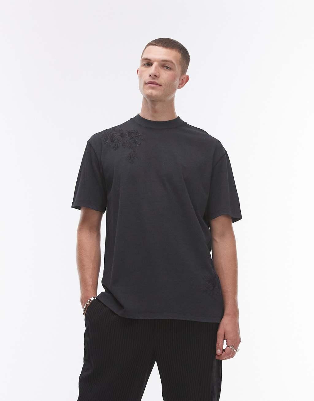 Topman oversized fit T-shirt with floral embroidery in washed black Product Image
