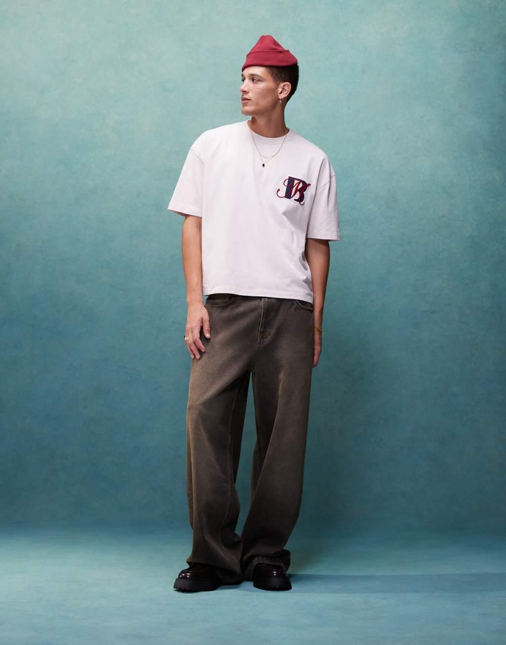 ASOS DESIGN boxy oversized t-shirt in heavyweight 220gsm washed beige with chest print Product Image