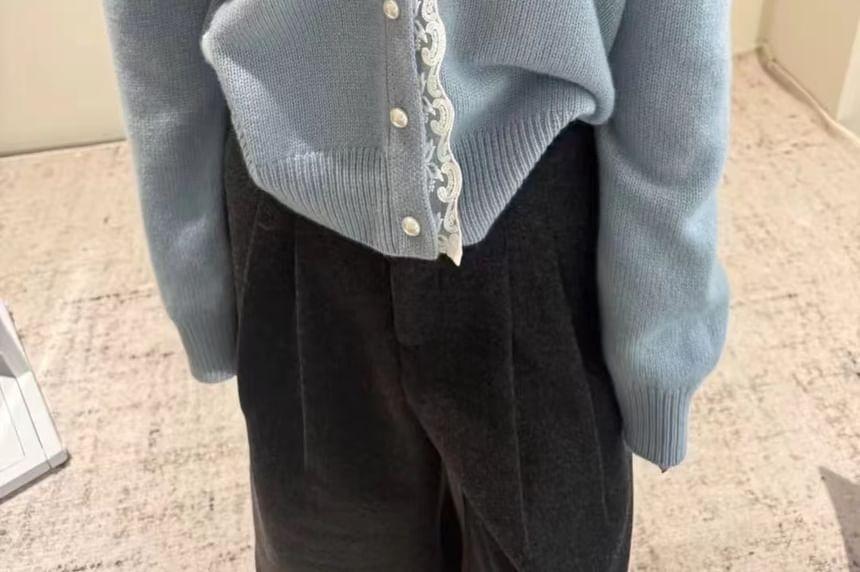 Lace Panel Hooded Button-Up Crop Cardigan Product Image