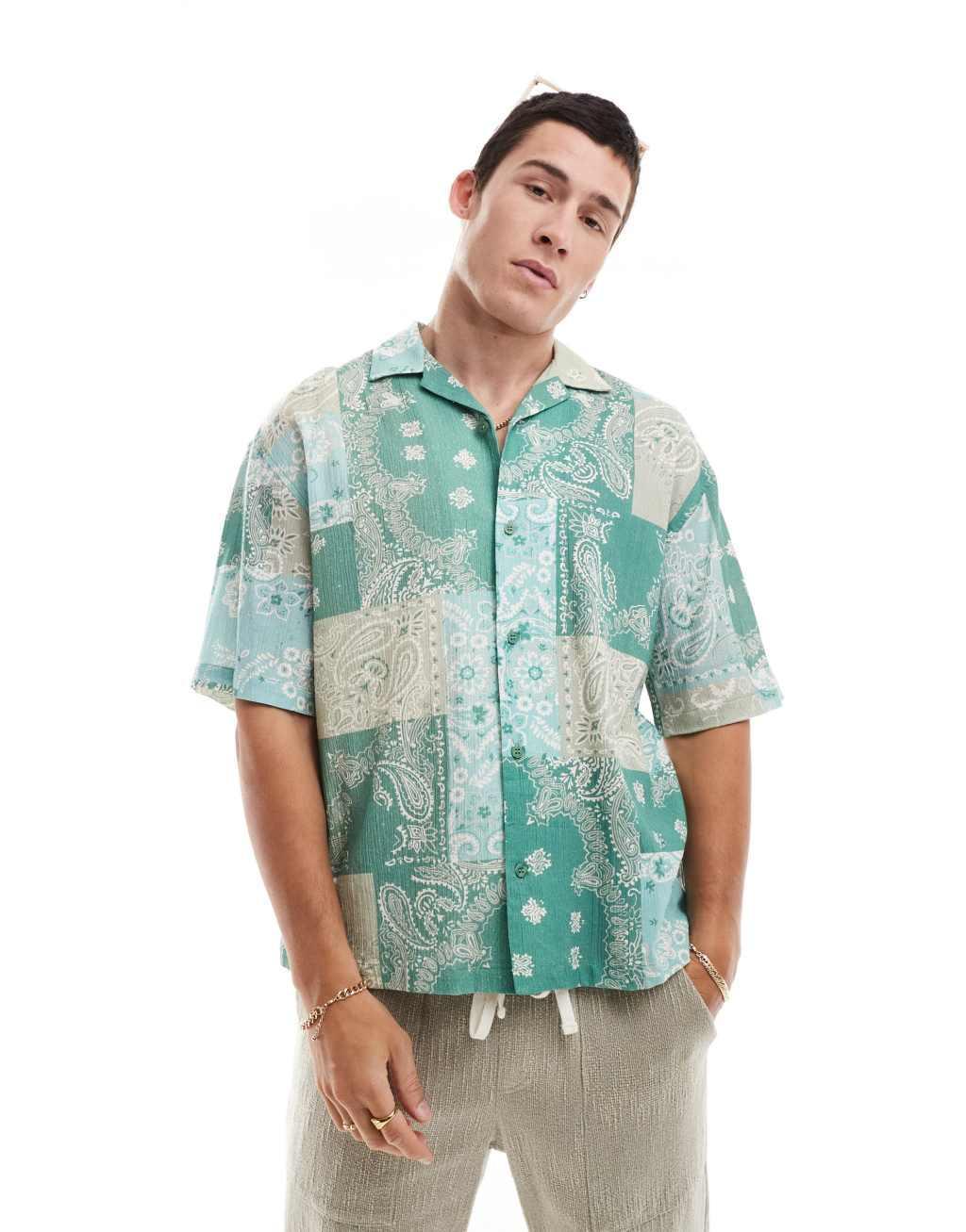 Pull&Bear patchwork patterned shirt in green Product Image