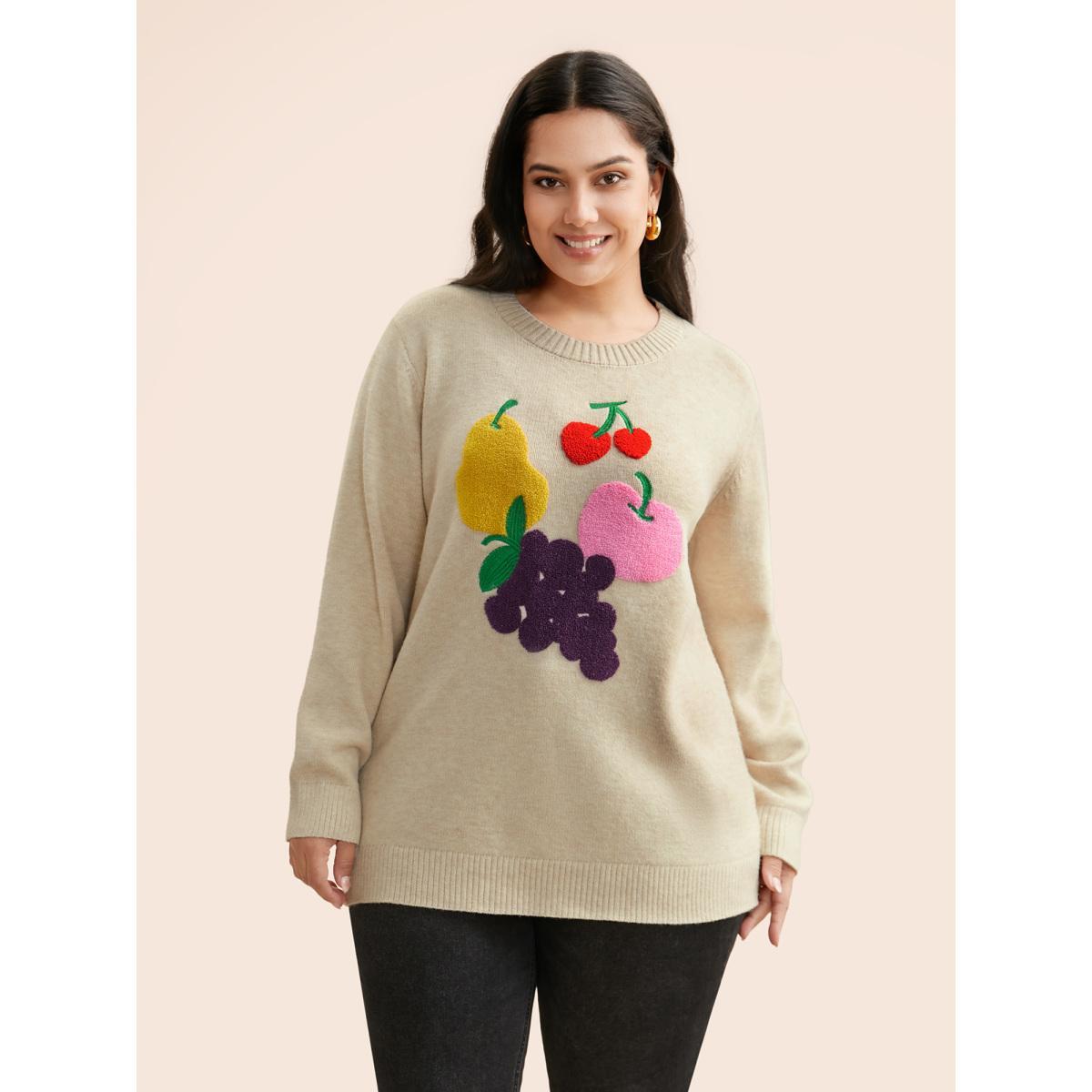 Plus Size Supersoft Essentials Crew Neck Fruit Embroidered Pullover Apricot Women Casual Long Sleeve Round Neck Everyday Pullovers BloomChic 10/M Product Image