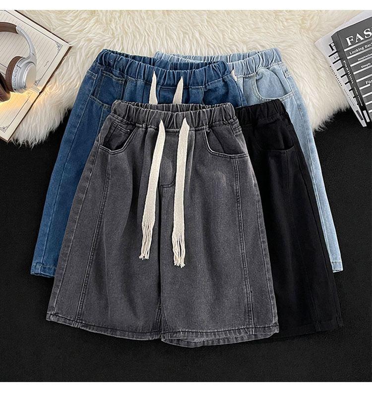 Elastic Waist Washed Denim Shorts Product Image